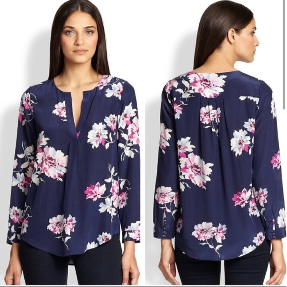 Joie Deon Silk Floral Print Long Sleeve boho Blouse Top Black red white flowy XS